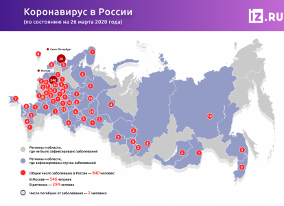 Коронавирус в России (информация на 26.03.2020, представленная iz.ru)