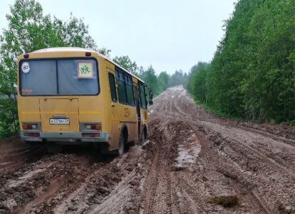 Каргопольский район. Автобус на дороге, разбитой лесовозами